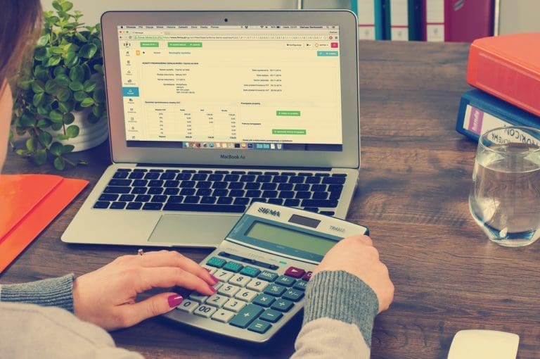 Professional accountant working on accounting files on a laptop